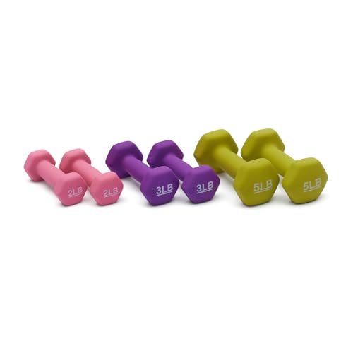 Amazon Basics Neoprene Dumbbell Hand Weights, Rack with 3 Pairs (2, 3, and 5 Pounds), Pink/Purple/Green