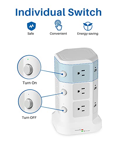 Power Strip Tower by KOOSLA, [15A 1500J] Surge Protector - 12 AC Multiple Outlets and 6 USB Ports, Flat Plug 14 AWG Heavy-Duty Extension Cord 6.5ft, Home Office Supplies, Dorm Room Essentials White