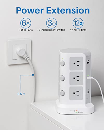 Power Strip Tower by KOOSLA, [15A 1500J] Surge Protector - 12 AC Multiple Outlets and 6 USB Ports, Flat Plug 14 AWG Heavy-Duty Extension Cord 6.5ft, Home Office Supplies, Dorm Room Essentials White