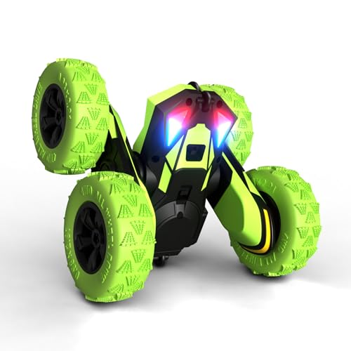 Threeking RC Stunt Cars Remote Control Car Double-Sided Driving 360-degree Flips Rotating Car Toy, Green