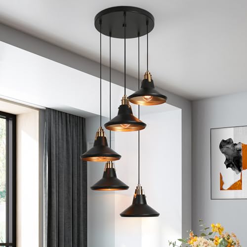 KSANA Adjustable Black Chandelier, Modern 5-Light Cluster Pendant Lighting with Electroplated Brass Accent and Black Metal Shade for Kitchen Island, Dining Room, Foyer and Staircase