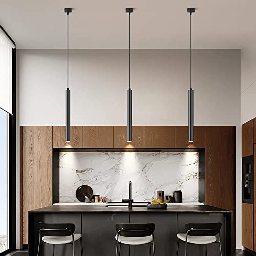 Jadssox Black LED Pendant Light Minimalist Ceiling Hanging Spotlight, Kitchen Island Accent Spot Lighting Fixture, Dining Table Bedroom Bedside Suspended Lamps with Tube Shade