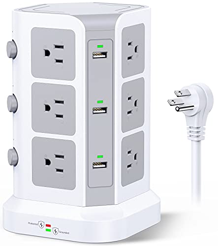 Power Strip Tower by KOOSLA, [15A 1500J] Surge Protector - 12 AC Multiple Outlets and 6 USB Ports, Flat Plug 14 AWG Heavy-Duty Extension Cord 6.5ft, Home Office Supplies, Dorm Room Essentials White