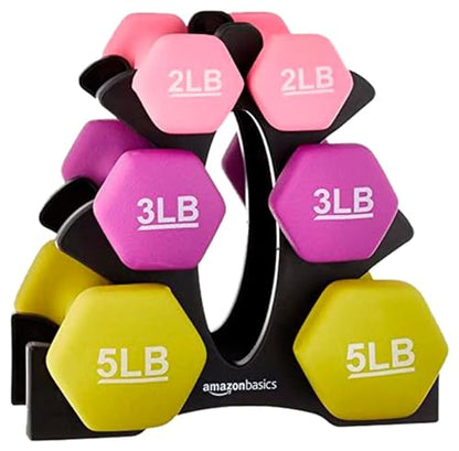 Amazon Basics Neoprene Dumbbell Hand Weights, Rack with 3 Pairs (2, 3, and 5 Pounds), Pink/Purple/Green