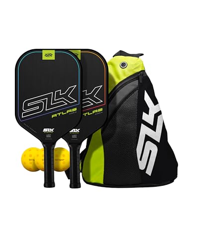 Paquete de palas de pickleball Atlas Max SLK 2025 de Selkirk | Con cara de fibra de carbono en bruto y núcleo de polímero Rev-Control | Juego completo con 2 palas, 3 pelotas Hybrid+ y bolsa tipo bandolera SLK