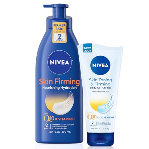 NIVEA Skin Firming Nourishing Hydration Body Lotion with Q10 & Vitamin C (16.9 Fl Oz) + Skin Toning and Firming Body Gel Cream with Q10 & L-Carnitine (6.7 Oz)