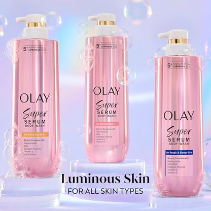 Olay Super Serum Body Wash for Extra Dry Skin, 24hr Long Lasting Hydration, 5+ Ingredient Serum Complex for Bright Even Firm Luminous Skin, 18.5 fl oz