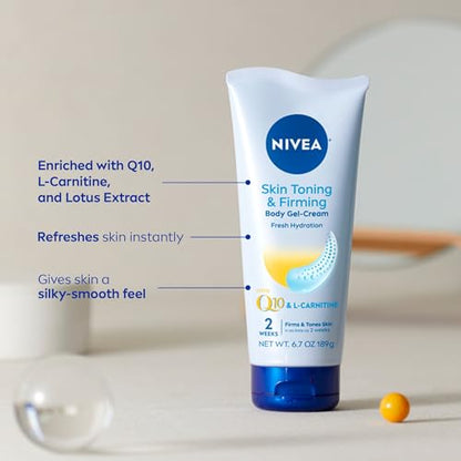 NIVEA Skin Firming Nourishing Hydration Body Lotion with Q10 & Vitamin C (16.9 Fl Oz) + Skin Toning and Firming Body Gel Cream with Q10 & L-Carnitine (6.7 Oz)