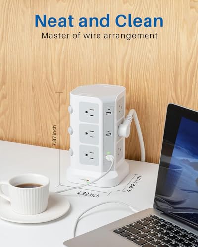 Power Strip Tower by KOOSLA, [15A 1500J] Surge Protector - 12 AC Multiple Outlets and 6 USB Ports, Flat Plug 14 AWG Heavy-Duty Extension Cord 6.5ft, Home Office Supplies, Dorm Room Essentials White