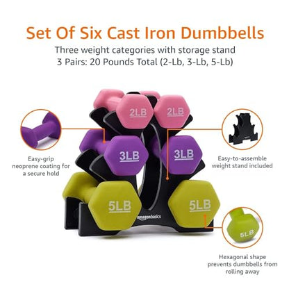 Amazon Basics Neoprene Dumbbell Hand Weights, Rack with 3 Pairs (2, 3, and 5 Pounds), Pink/Purple/Green