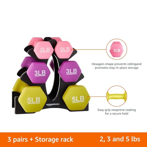 Amazon Basics Neoprene Dumbbell Hand Weights, Rack with 3 Pairs (2, 3, and 5 Pounds), Pink/Purple/Green