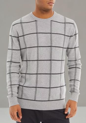 MAGCOMSEN Mens Knit Sweater Cotton Sweaters Long Sleeve Crew Neck Plaid Sweater Pullover Sweaters Casual Fall Clothing Light Grey, L