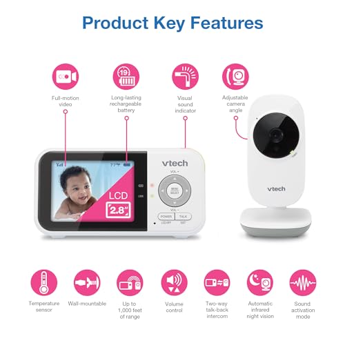 VTech VM819 Baby Monitor, 2.8” Screen, Night Vision, 2-Way Audio, Temperature Sensor and Lullabies, Secure Transmission No WiFi