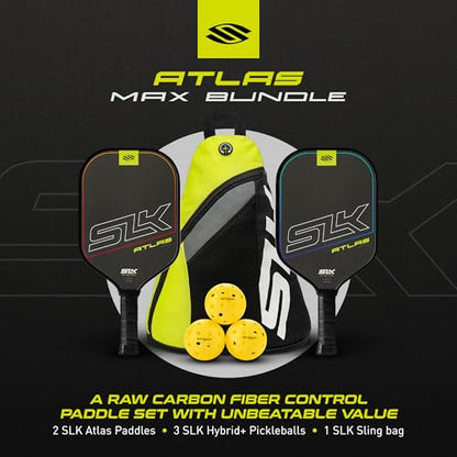 Paquete de palas de pickleball Atlas Max SLK 2025 de Selkirk | Con cara de fibra de carbono en bruto y núcleo de polímero Rev-Control | Juego completo con 2 palas, 3 pelotas Hybrid+ y bolsa tipo bandolera SLK