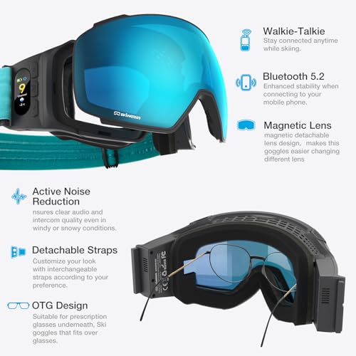 SKIWARRIOR G02 Smart Ski Goggles With Interchangeable Magnetic Lenses,Snow Goggles Walkie-Talkie Play Music Answer Call