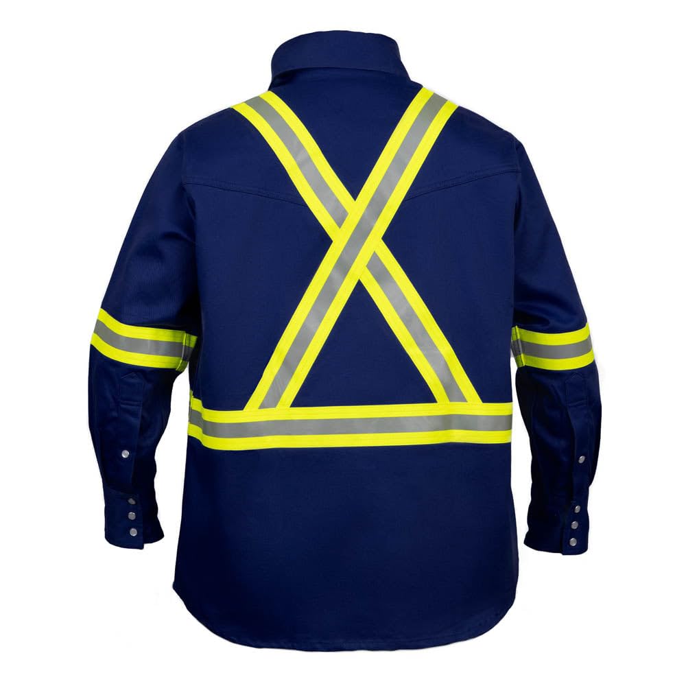 Just In Trend Flame Resistant High Visibility Hi Vis Shirt - 100% C - 7 oz (Large, Navy Blue)