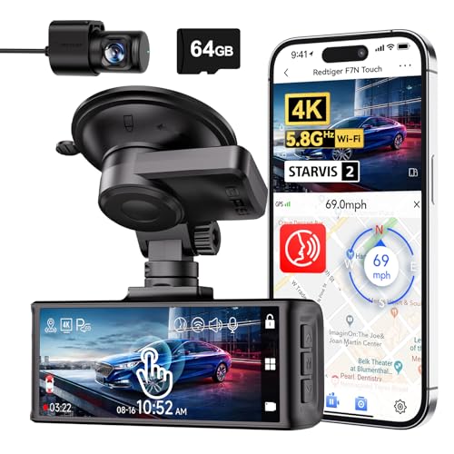 REDTIGER 4K Dash Cam Front and Rear, Touch Screen 3.18 Inch, Voice Control, 5.8GHz WiFi Car Dash Camera with 64GB Card, GPS, UHD 2160P Night Vision, WDR, Emergency Lock, Parking Monitor (F7N Touch)