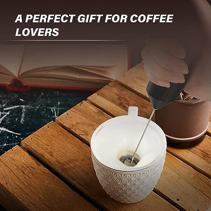 Simple Deluxe Milk Frother Handheld with Stainless Steel Stand Battery Operated Whisk Drink Mixer for Coffee, Frappe, Latte, Matcha, Black