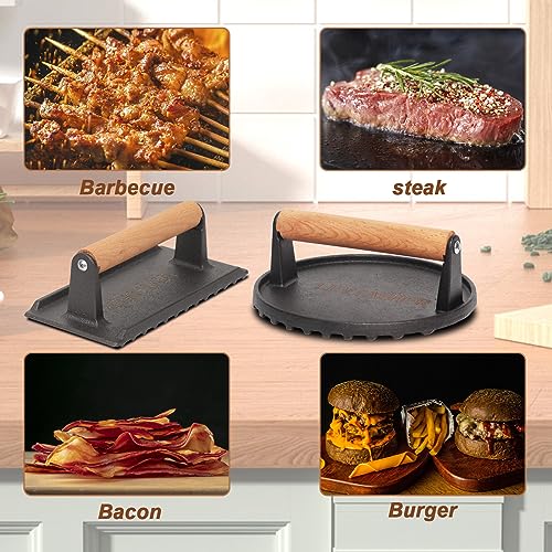 LEVIASHER 2.2 lb Heavy Duty Cast Iron Grill Press, 6.69 in Round 7.8X3.9in Rectangle Burger Press with Wood Handle for Blackstone, Griddle, Chef, Camp, Panini, Vegetable, Bacon, Sandwich, BBQ