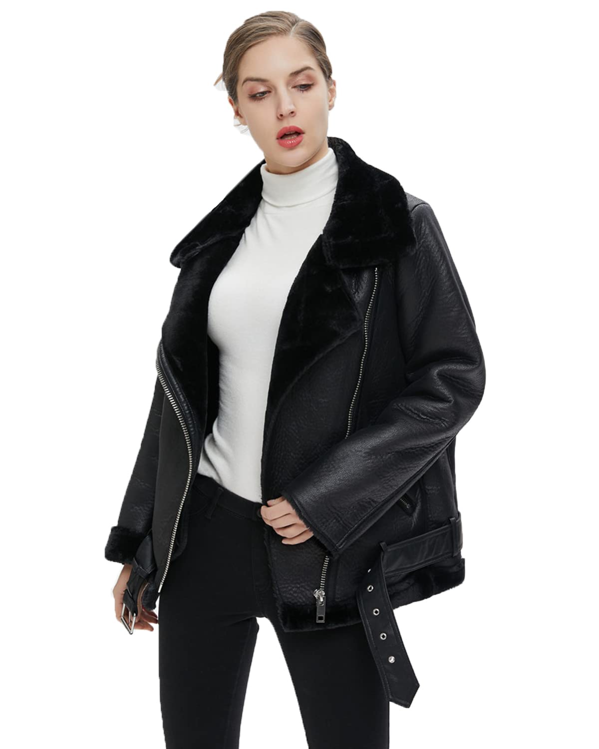 LY VAREY LIN Women's Faux Shearing Moto Jacket Thick Lined Parka Winter Shearling Coat Leather Jacket (M, Black)