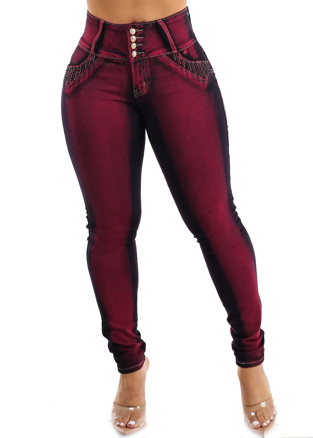 Moda Xpress Womens Juniors Levanta Cola Mid Rise Burgundy Skinny Jeans 10419C