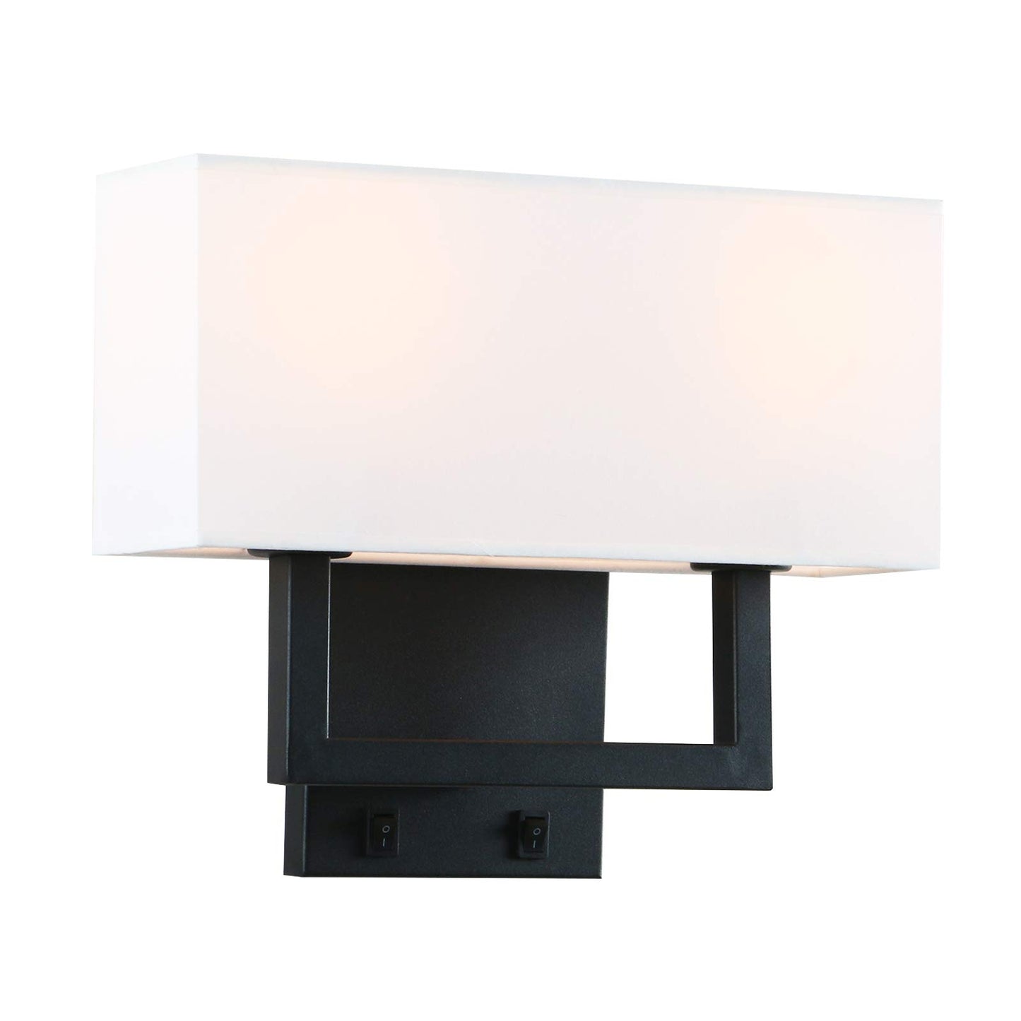 PERMO Wall Sconce Light Fixture Black Finish Double Sconce with White Textile Shades and On/Off Switch Button for Living Room Bedroom Bedside Nightstand Light