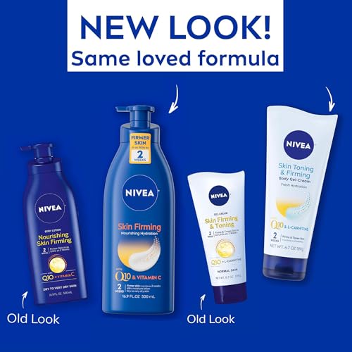 NIVEA Skin Firming Nourishing Hydration Body Lotion with Q10 & Vitamin C (16.9 Fl Oz) + Skin Toning and Firming Body Gel Cream with Q10 & L-Carnitine (6.7 Oz)