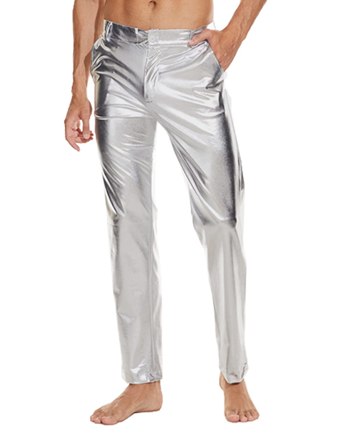 Mens Metallic Shiny Disco Pants, Wet Look Party Dance Straight Leg Trousers, 70s/80s Festival Rave Cosplay Leather Pants (Silver, S)