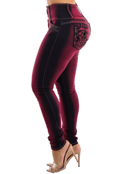 Moda Xpress Womens Juniors Levanta Cola Mid Rise Burgundy Skinny Jeans 10419C