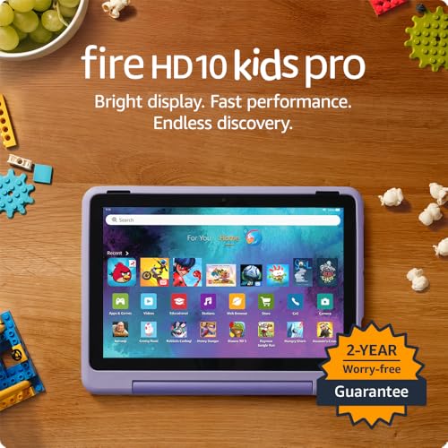 Amazon Fire HD 10 Kids Pro tablet (newest model) ages 6-12. Bright 10.1" HD screen, includes ad-free content, robust parental controls, 13-hr battery and slim case for older kids, 32 GB, Happy Day