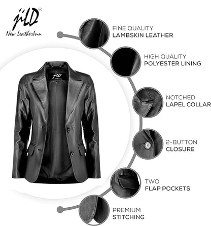 Jild Classic 2-Button Lambskin Leather Blazer Women - Casual Coat Long Sleeves Suit Style Leather Jacket Women (LC-BLK-XL)