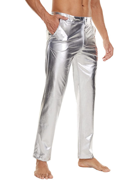 Mens Metallic Shiny Disco Pants, Wet Look Party Dance Straight Leg Trousers, 70s/80s Festival Rave Cosplay Leather Pants (Silver, S)