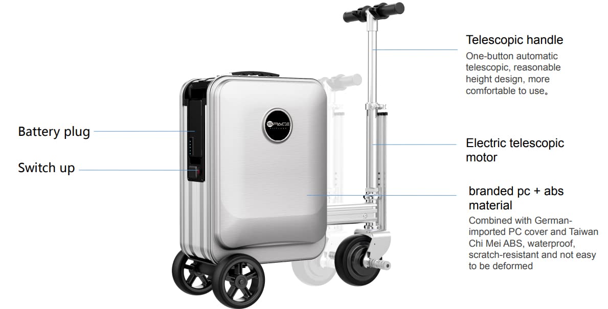 Space Suitcases Smart Rideable Suitcase 26L, Lightweight Electric Luggage Scooter For Travel With Digital Lock, Waterproof And Lightweight (Silver)