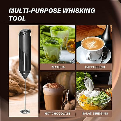 Simple Deluxe Milk Frother Handheld with Stainless Steel Stand Battery Operated Whisk Drink Mixer for Coffee, Frappe, Latte, Matcha, Black