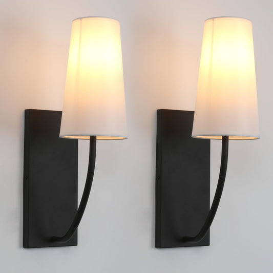 Yosoan Set of 2 Black Brass Fabric Wall Sconce Bedside Indoor Light, Boho Modern Vintage Industrial Vanity Fixture, White Long Cone Fabric Shade for Bedroom Living Room Corridor Hallway Home Decor