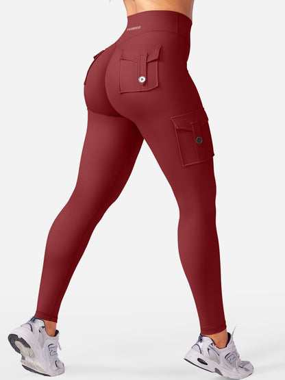 YEOREO Gym Workout Cargo Leggings with Pockets for Women Hidden Scrunch Butt Lifting Compression Yoga Leggings Ankela Red S