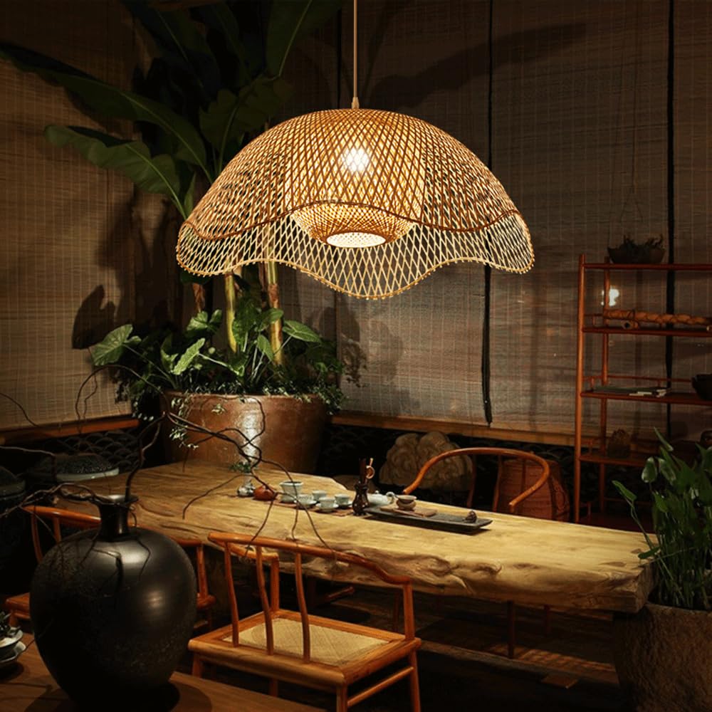 THAELY E27 Country Chandelier Lamp Bohemia Woven Rattan Ball Pendant Lamp Fixture, Dome Bamboo E27 Chandelier Lamp Double Layer Wicker Basket Ceiling Hanging Lamp for Dining Room