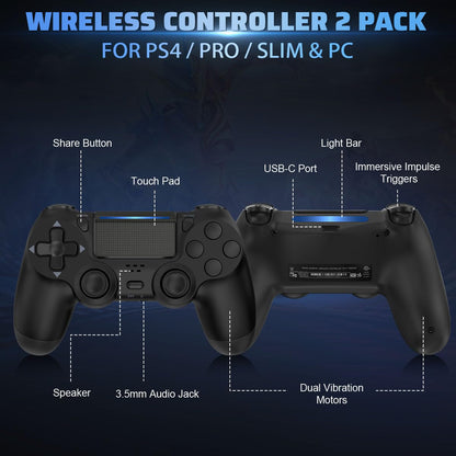 FASIGO PS4 Controller 2 Pack, Wireless PS4 Controller for PS4 / Pro/Slim & PC, with 2 USB C Cable - Black