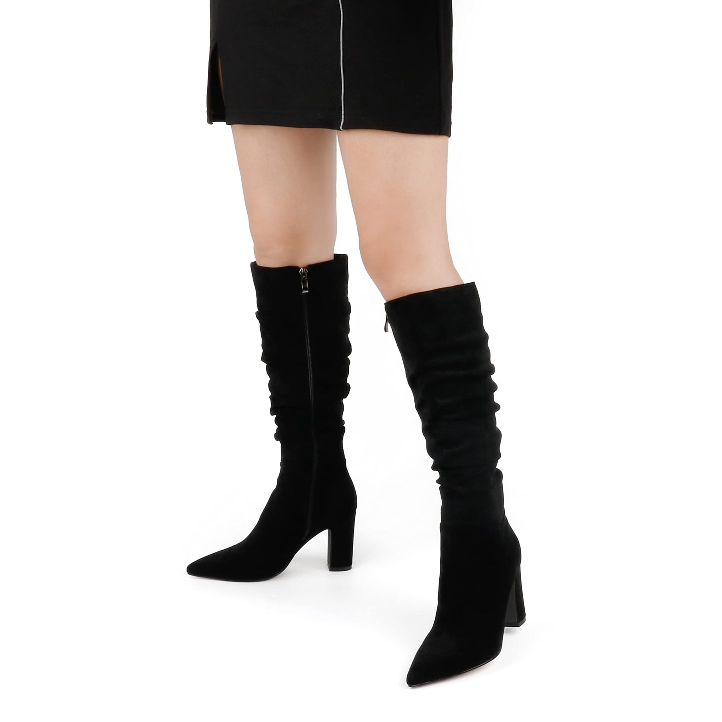 JOY IN LOVE Women's High Block Heel Wrinkled Slouchy Zipper Knee High Boots Black S-BD US 6.5