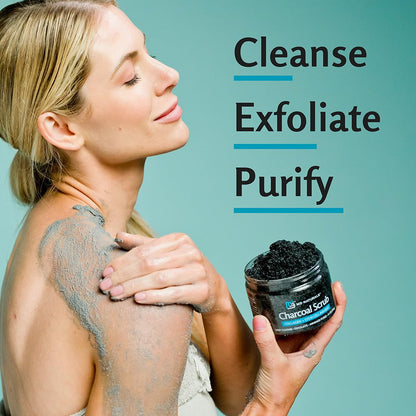 Charcoal Scrub, Face, Foot, and Body Exfoliator with Collagen and Stem Cells, Salt Scrub for Skin Toning, Cellulite, and Body Care by M3 Naturals