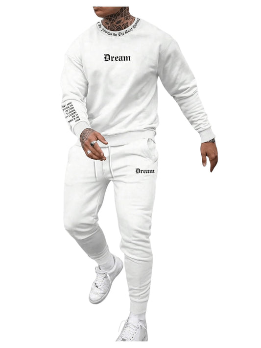 GORGLITTER Men's Sweat Set Long Sleeve Crewneck Sweatshirt Drawstring Jogger Sweatpants 2 Piece Tracksuit Outfits White Letter X-Large