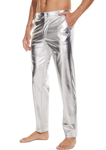 Mens Metallic Shiny Disco Pants, Wet Look Party Dance Straight Leg Trousers, 70s/80s Festival Rave Cosplay Leather Pants (Silver, S)