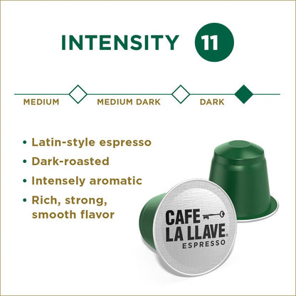 Cafe La Llave Espresso Pods: 40 Recyclable Aluminum Pods, Intensity 11 Dark Roast Latin-Style Coffee, Compatible with Nespresso Original Line Machines - Bold, Rich Flavor