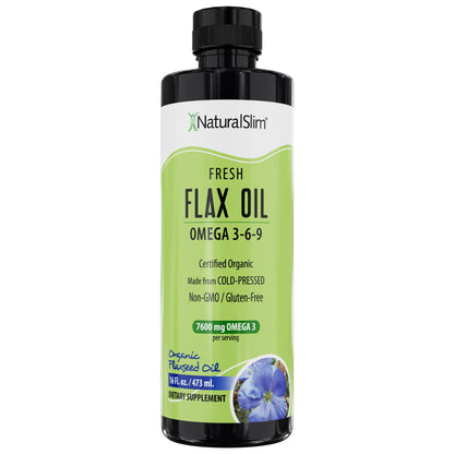 NaturalSlim Flax Oil - Flaxseed Oil Liquid Supplement with Omega 3 6 9 - Cold-Pressed Certified Organic Flax Seed Oil for Hair, Skin, Nails, Healthy Cells & Vegetable Oil for Cooking - 16 fl. Oz.