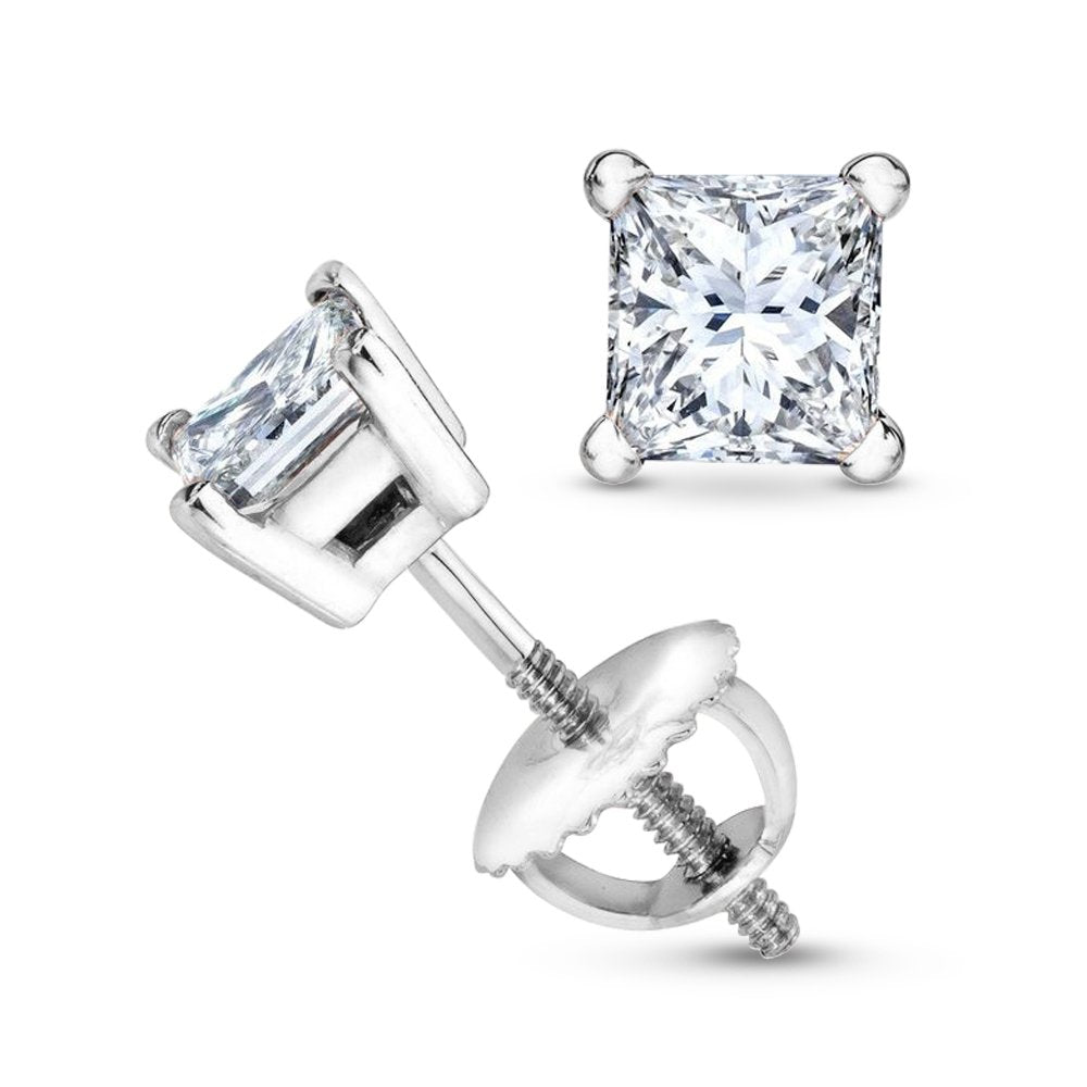 Houston Diamond District 1 Carat Princess Cut Diamond Stud Earrings Earth-mined 14K White Gold (I-J I1-I2)