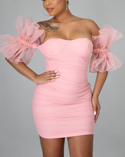 Pink Dress for Women, Off The Shoulder Puff Sleeve Bodycon Short Dresses for Women Party Night Pink Small