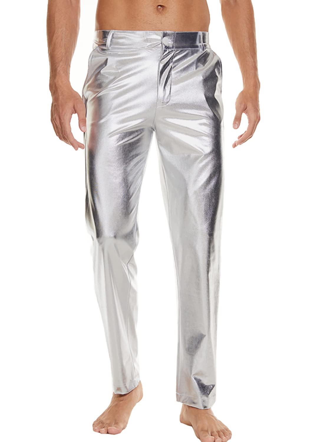 Mens Metallic Shiny Disco Pants, Wet Look Party Dance Straight Leg Trousers, 70s/80s Festival Rave Cosplay Leather Pants (Silver, S)