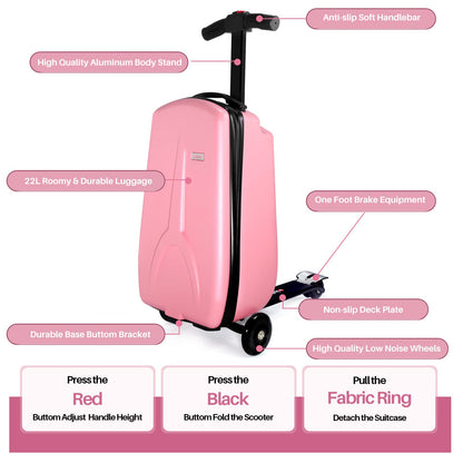 iubest Luggage Carry On Scooter Suitcase for Kids Age 4-15, Detachable & Foldable 4 in 1 Suitcase, Multifunctional Ride On Travel Trolley Scooter Combo-Pink