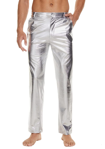 Mens Metallic Shiny Disco Pants, Wet Look Party Dance Straight Leg Trousers, 70s/80s Festival Rave Cosplay Leather Pants (Silver, S)