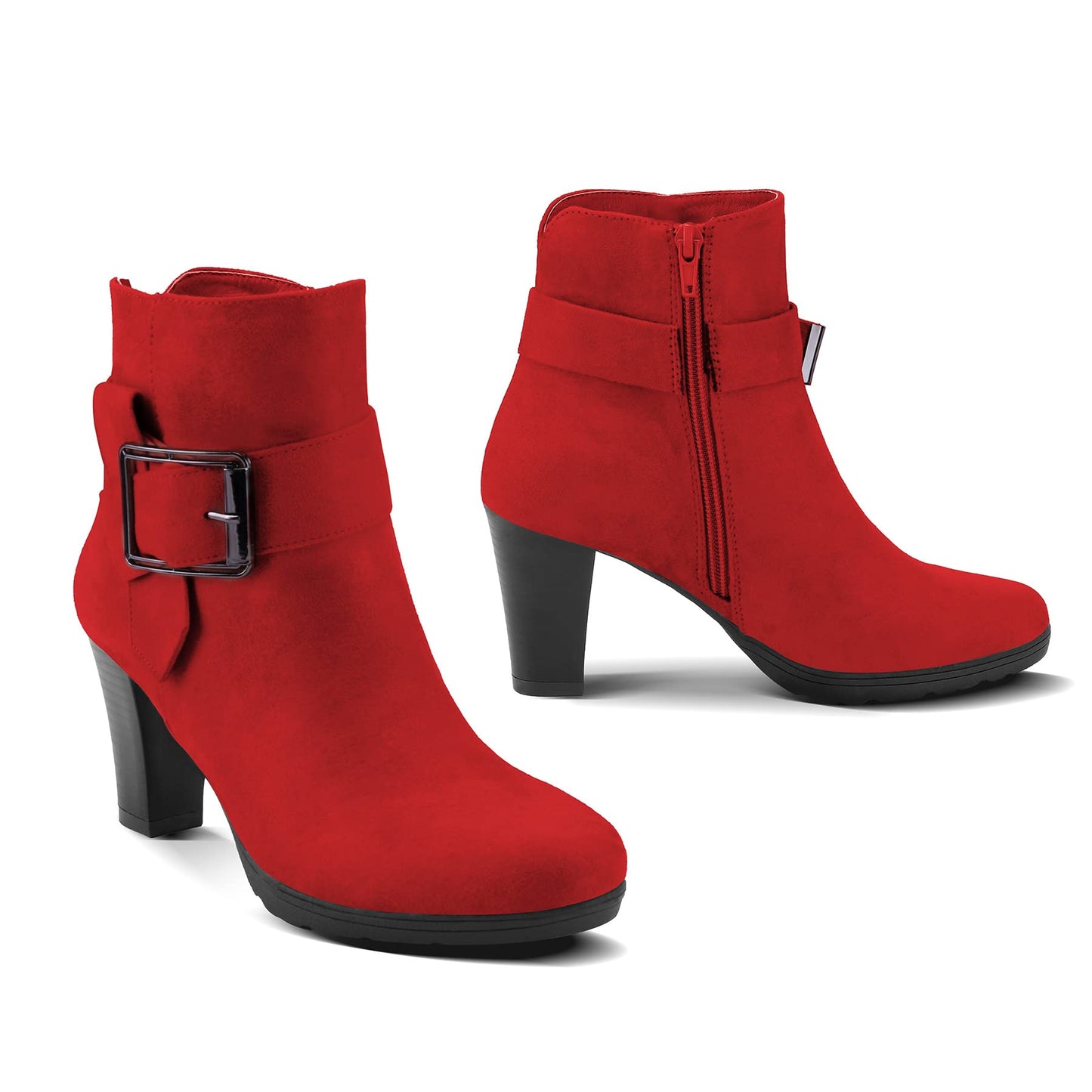 mysoft Women's Wide Width Ankle Boots Chunky Heel Ankle Strap Buckle Booties with Zipper